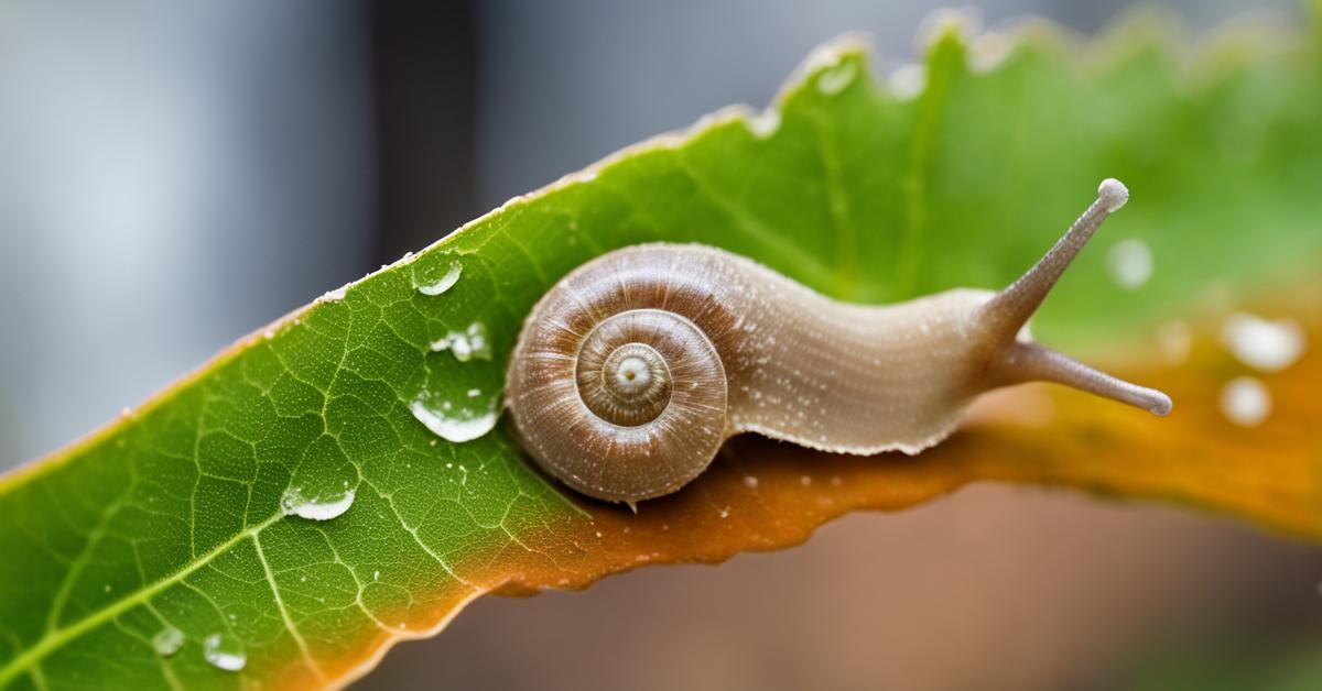 Makro zdjęcie uszkodzonego liścia z dziurami i śladami ślimaka, z widocznym ślimakiem na krawędzi.