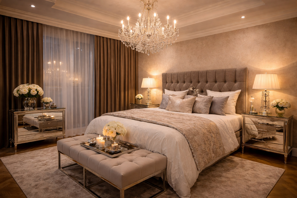 Styl glamour w sypialni – dekoracyjne oświetlenie i modny włącznik światła podkreślający eleganckie wnętrze